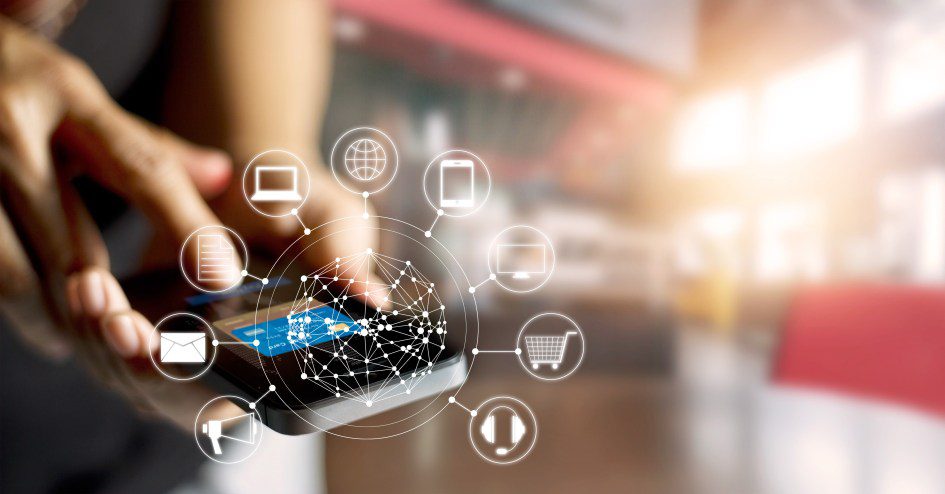 Man using mobile payments online shopping and icon customer network Man using mobile payments online shopping and icon customer network